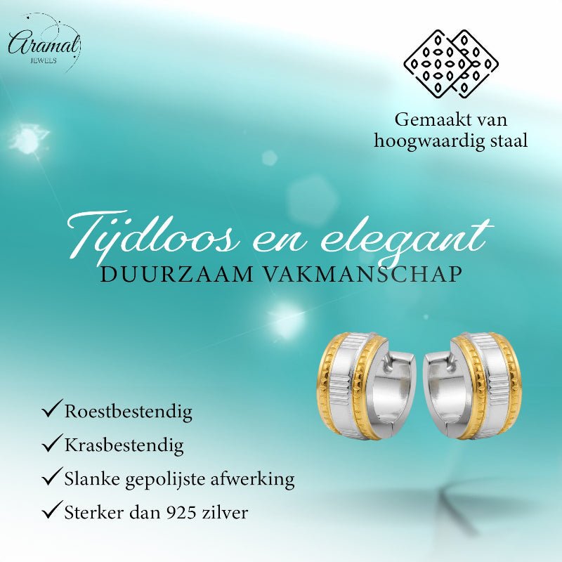 Creolen – Bicolor RVS met Dubbele Goudkleurige Streep (13mm) - Aramat Jewels - Oorringen - cadeautip