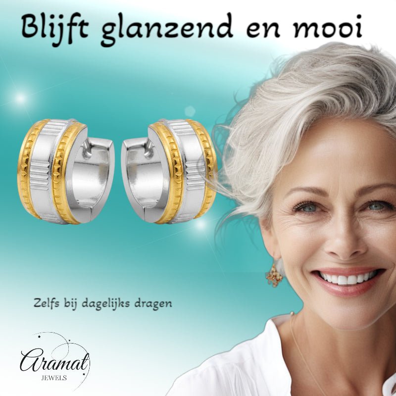 Creolen – Bicolor RVS met Dubbele Goudkleurige Streep (13mm) - Aramat Jewels - Oorringen - cadeautip