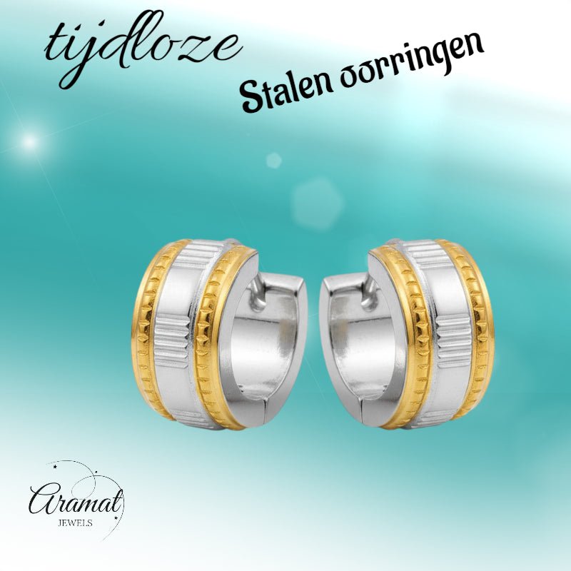 Creolen – Bicolor RVS met Dubbele Goudkleurige Streep (13mm) - Aramat Jewels - Oorringen - cadeautip
