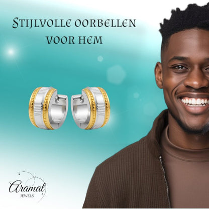 Creolen – Bicolor RVS met Dubbele Goudkleurige Streep (13mm) - Aramat Jewels - Oorringen - cadeautip