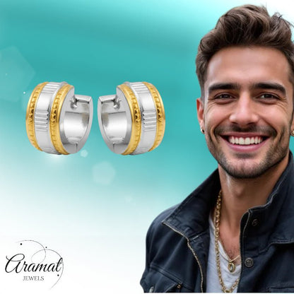 Creolen – Bicolor RVS met Dubbele Goudkleurige Streep (13mm) - Aramat Jewels - Oorringen - cadeautip