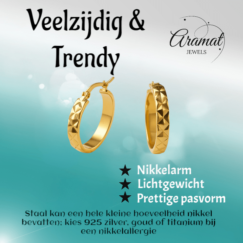 Creolen Ruitjes Goudkleur Staal – 25mm - Aramat Jewels - Oorringen - cadeautip