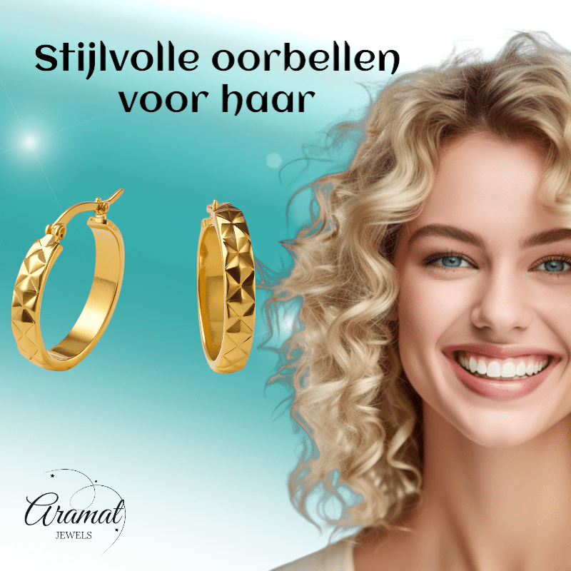 Creolen Ruitjes Goudkleur Staal – 25mm - Aramat Jewels - Oorringen - cadeautip