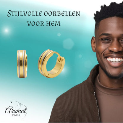 Creolen – RVS Bicolor Mat met Goudkleurige Strepen (13mm) - Aramat Jewels - Oorringen - cadeautip