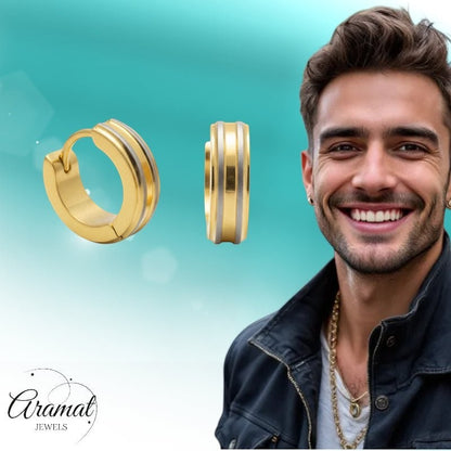 Creolen – RVS Bicolor Mat met Goudkleurige Strepen (13mm) - Aramat Jewels - Oorringen - cadeautip