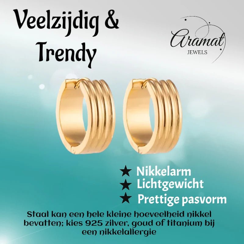 Creolen – RVS Goudkleur met Drievoudige Strepen (13mm of 20mm) - Aramat Jewels - Oorringen - cadeautip