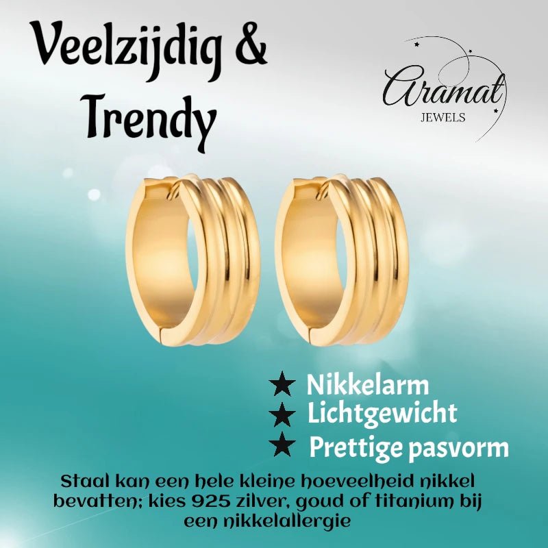 Creolen – RVS Goudkleur met Twee Strepen (13mm of 20mm) - Aramat Jewels - Oorringen - cadeautip
