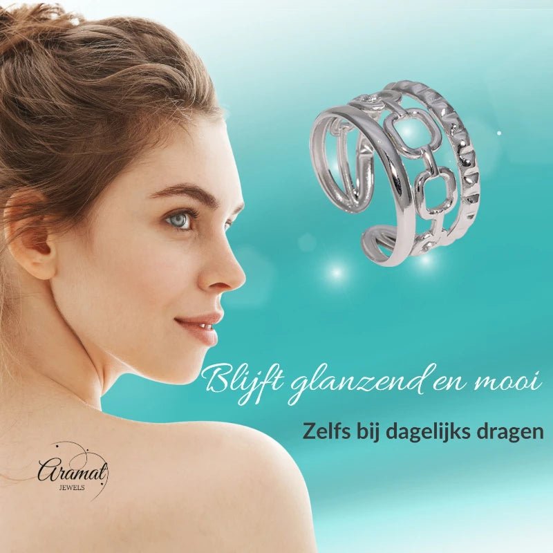Damesring Verstelbaar – Open Ring met Gladde, Schakel & Bewerkte Lijn – One Size - Aramat Jewels - Ringen - cadeautip