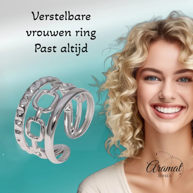 Damesring Verstelbaar – Open Ring met Gladde, Schakel & Bewerkte Lijn – One Size - Aramat Jewels - Ringen - cadeautip