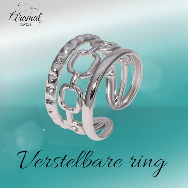 Damesring Verstelbaar – Open Ring met Gladde, Schakel & Bewerkte Lijn – One Size - Aramat Jewels - Ringen - cadeautip