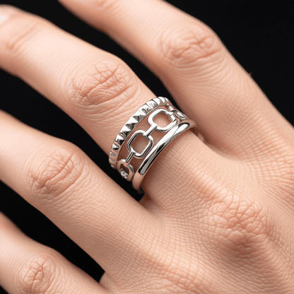 Damesring Verstelbaar – Open Ring met Gladde, Schakel & Bewerkte Lijn – One Size - Aramat Jewels - Ringen - cadeautip