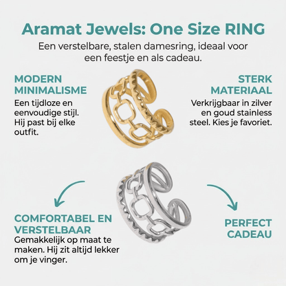 Damesring Verstelbaar – Open Ring met Gladde, Schakel & Bewerkte Lijn – One Size - Aramat Jewels - Ringen - cadeautip