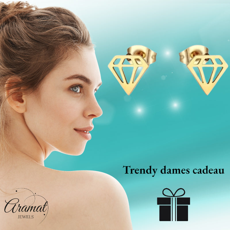 Boucles d'oreilles – Acier en forme de diamant, cristal couleur or (9 mm) 