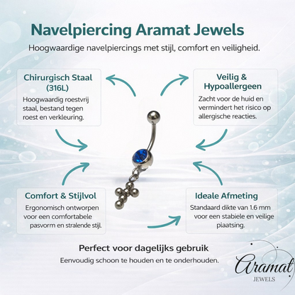 Diepblauw Stalen Navelpiercing met kruisje