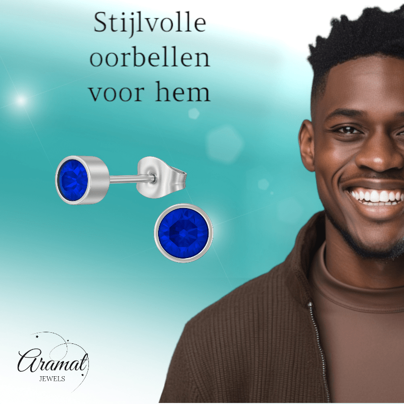 Donkerblauwe kristal oorstekers – 5mm zilver RVS - Aramat Jewels - Oorbellen - cadeautip