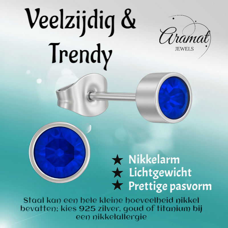 Donkerblauwe kristal oorstekers – 5mm zilver RVS - Aramat Jewels - Oorbellen - cadeautip