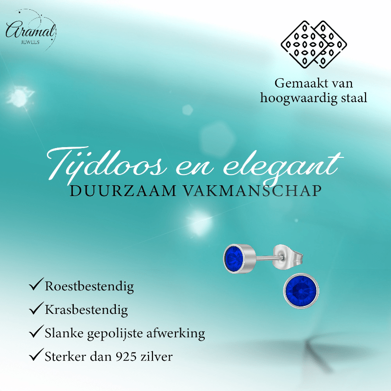 Donkerblauwe kristal oorstekers – 5mm zilver RVS - Aramat Jewels - Oorbellen - cadeautip