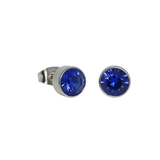 Boucles d'oreilles puces – Acier et cristal, couleur bleu foncé et argent (7 mm) 