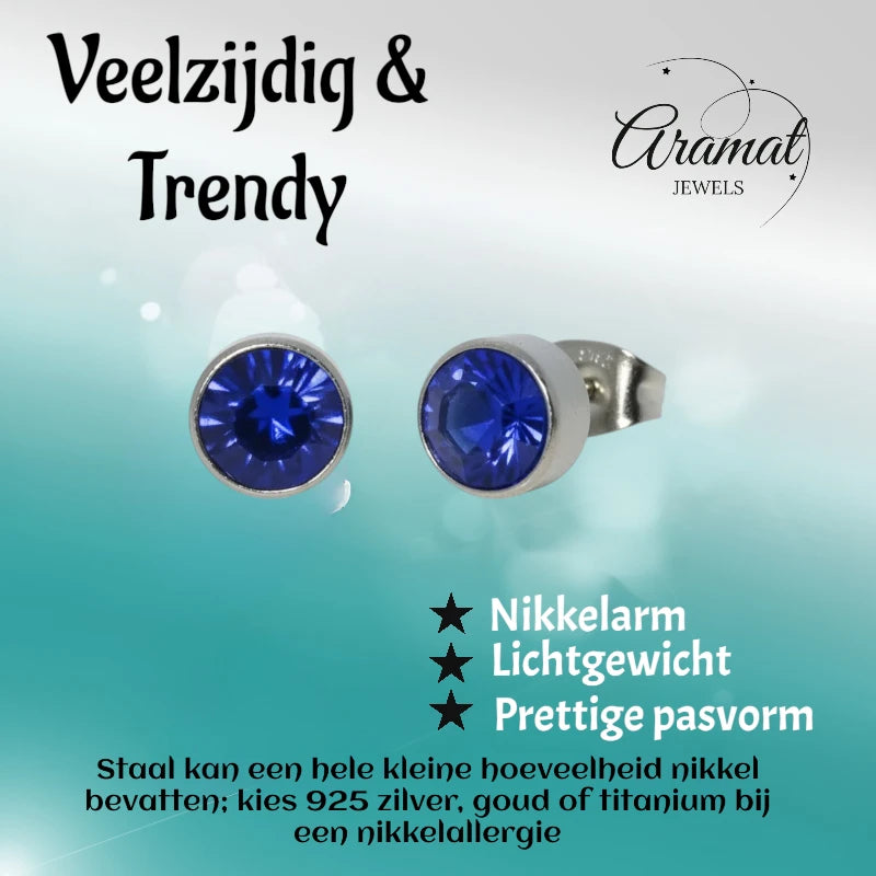 Oorstekers – Staal Kristal Donker Blauw Zilverkleur (7mm)