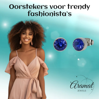 Oorstekers – Staal Kristal Donker Blauw Zilverkleur (7mm)
