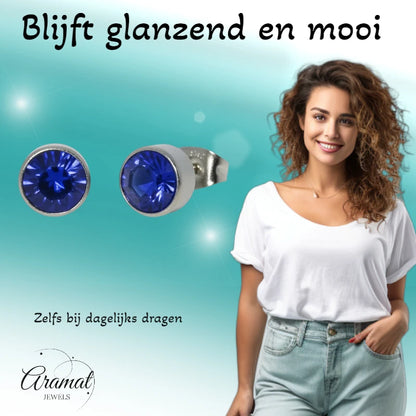 Oorstekers – Staal Kristal Donker Blauw Zilverkleur (7mm)