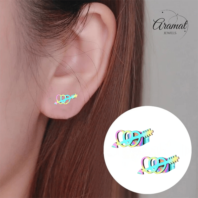Dubbele regenboog hartjes oorstekers – 10x5mm RVS - Aramat Jewels - Oorbellen - cadeautip