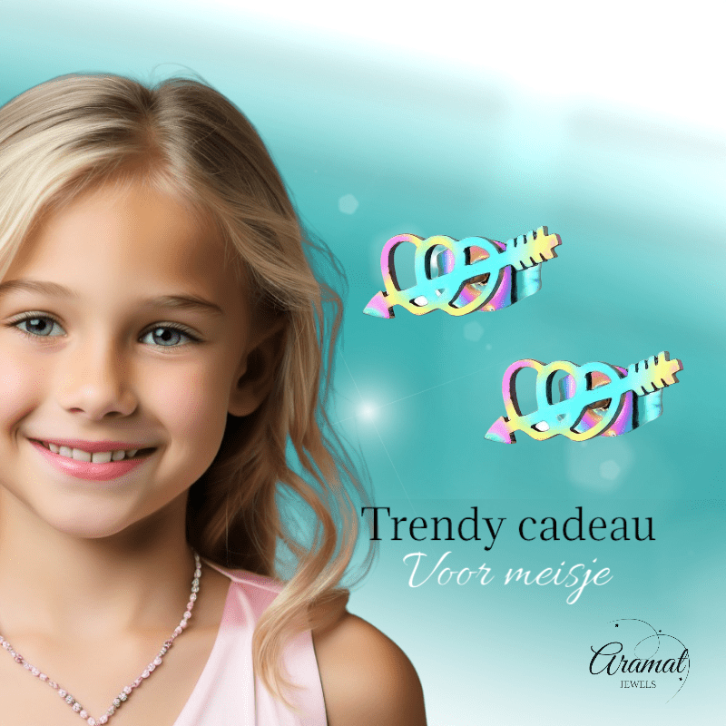 Dubbele regenboog hartjes oorstekers – 10x5mm RVS - Aramat Jewels - Oorbellen - cadeautip