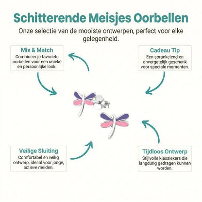Echt Zilveren Libelle Oorstekers met Roze en Paars Emaille 9x8mm - Aramat Jewels - Oorbellen - cadeautip
