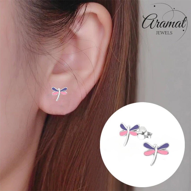 Echt Zilveren Libelle Oorstekers met Roze en Paars Emaille 9x8mm - Aramat Jewels - Oorbellen - cadeautip