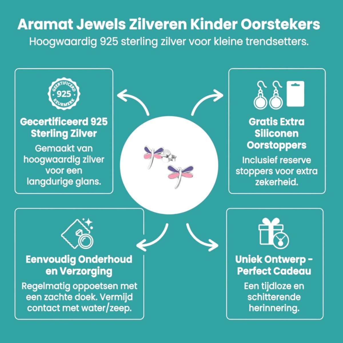 Echt Zilveren Libelle Oorstekers met Roze en Paars Emaille 9x8mm - Aramat Jewels - Oorbellen - cadeautip