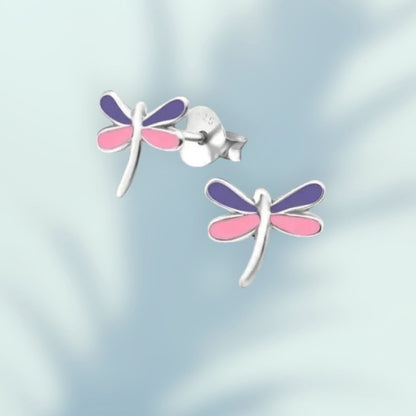 Aramat Jewels sterling silver dragonfly stud earrings with pink and purple enamel wings, 9x8mm.