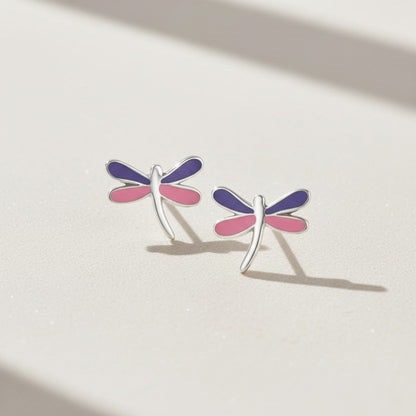 Aramat Jewels sterling silver dragonfly stud earrings with pink and purple enamel wings, 9x8mm.