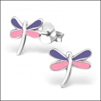 Echt Zilveren Libelle Oorstekers met Roze en Paars Emaille 9x8mm - Aramat Jewels - Oorbellen - cadeautip
