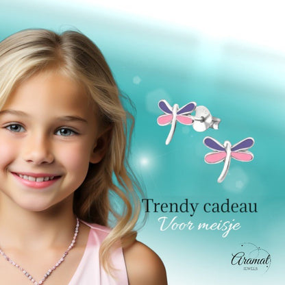 Echt Zilveren Libelle Oorstekers met Roze en Paars Emaille 9x8mm - Aramat Jewels - Oorbellen - cadeautip