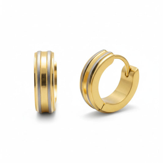 Boucles d'oreilles créoles – Acier inoxydable bicolore mat avec rayures dorées (13 mm)