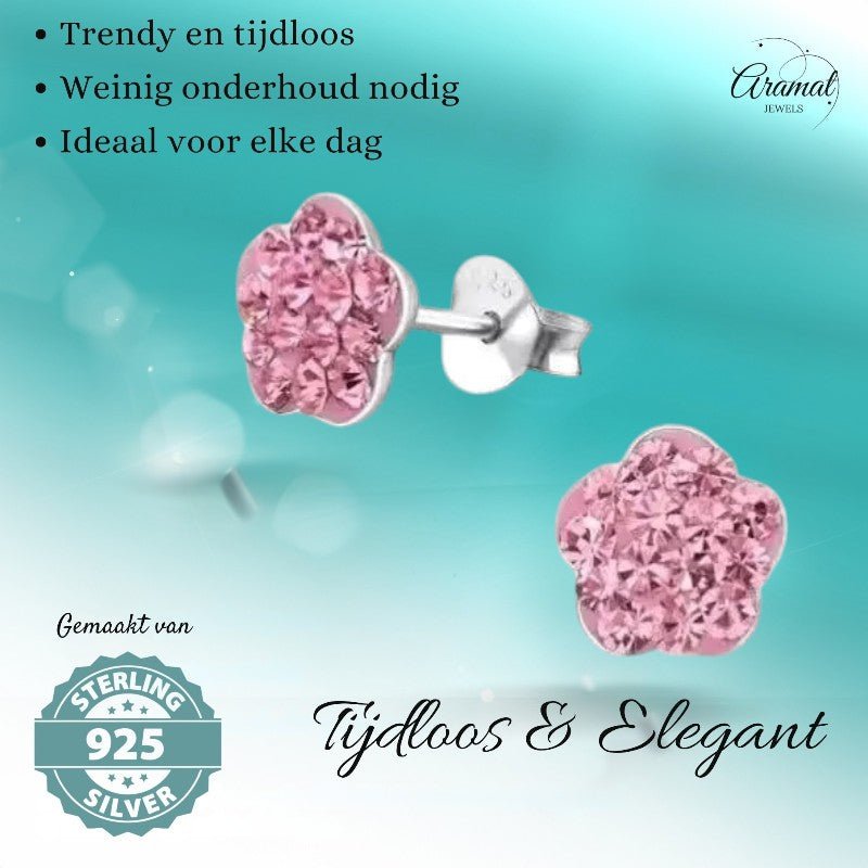 Elegante Zilveren Bloem Oorbellen - oor334 - 5001 - Oorbellen kopen# - Roze - 8mm - 925 Zilver