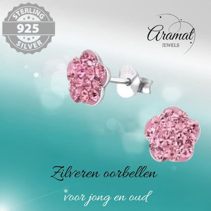 Elegante Zilveren Bloem Oorbellen - oor334 - 5001 - Oorbellen kopen# - Roze - 8mm - 925 Zilver