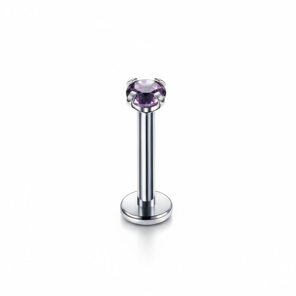 Piercing tragus couleur argent, zircon violet, 6 mm x 3 mm