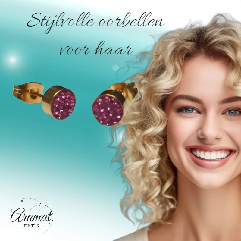 Fuchsia kristallen oorstekers 6 mm – goudkleurig - oor3101 - Oorbellen kopen# - 6mm - alles - cadeau