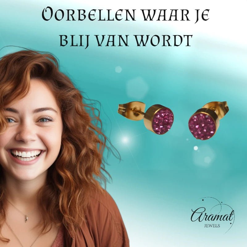 Fuchsia kristallen oorstekers 6 mm – goudkleurig - oor3101 - Oorbellen kopen# - 6mm - alles - cadeau