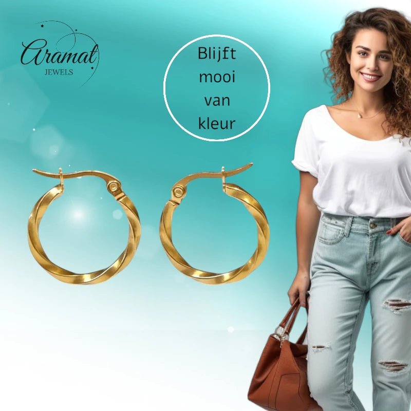 Gedraaide Goudkleurige Oorringen - Aramat Jewels - Oorringen - cadeautip