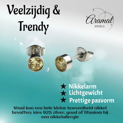 Oorstekers – Staal Kristal Geel Zilverkleur (5mm)