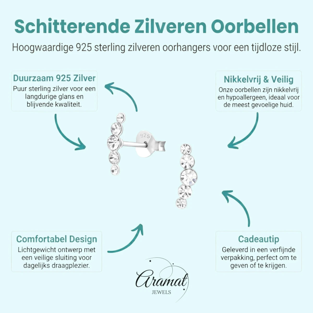 Glinsterende zilveren Oorbellen met 10x3mm Kristal - Aramat Jewels - Oorbellen - cadeautip
