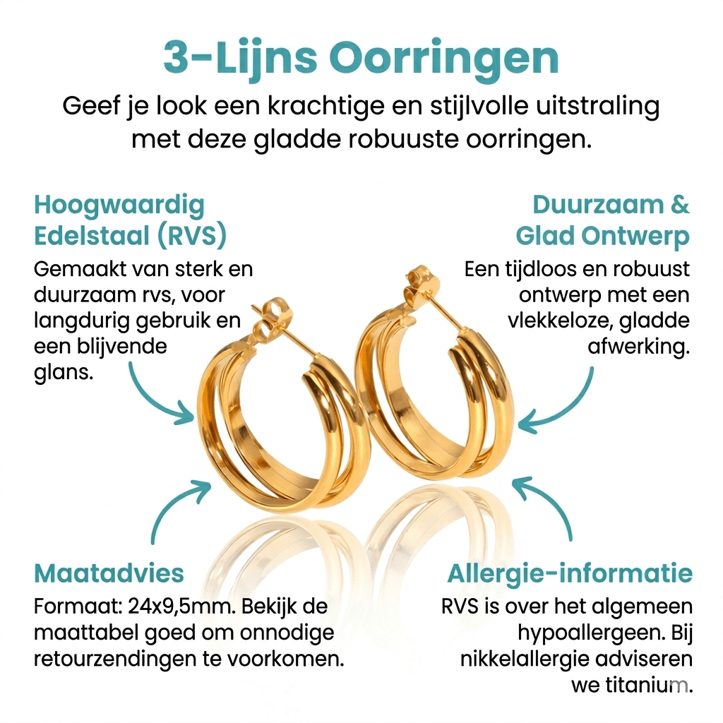 Goudkleurige 3 - Lijns Halve Oorringen 24x9,5mm Twist RVS - Aramat Jewels - Oorbellen - cadeautip