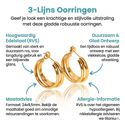 Goudkleurige 3 - Lijns Halve Oorringen 24x9,5mm Twist RVS - Aramat Jewels - Oorbellen - cadeautip