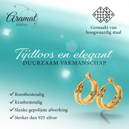Goudkleurige 3 - Lijns Halve Oorringen 24x9,5mm Twist RVS - Aramat Jewels - RVS Sieraden - Oorbellen - cadeautip