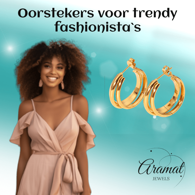 Goudkleurige 3 - Lijns Halve Oorringen 24x9,5mm Twist RVS - Aramat Jewels - RVS Sieraden - Oorbellen - cadeautip