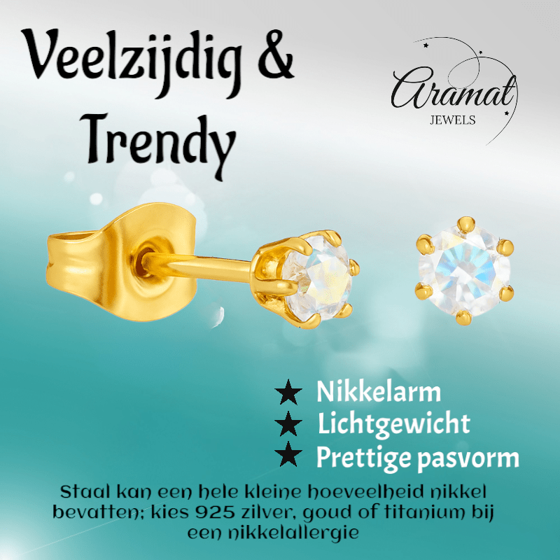 Goudkleurige AB zirkonia oorbellen – 3 mm - oor4381 - Oorbellen kopen# - 3mm - AB - AB Transparant