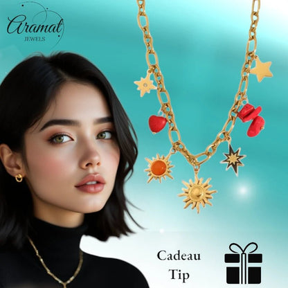 Goudkleurige bedel ketting met zon, hart & natuursteen - ket1164 - 661491 - Halskettingen kopen# - 40cm - alles - Bedelketting