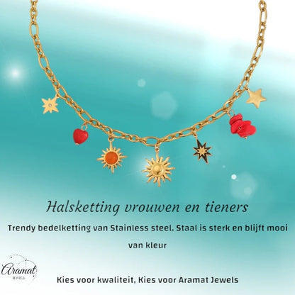 Goudkleurige bedel ketting met zon, hart & natuursteen - ket1164 - 661491 - Halskettingen kopen# - 40cm - alles - Bedelketting